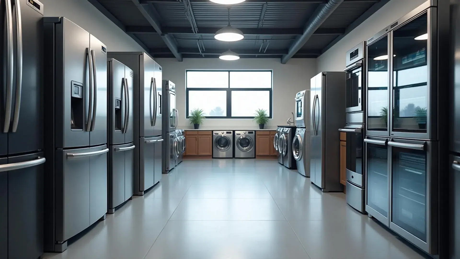 Local appliance shop showroom displaying refurbished refrigerators, washers, and dryers